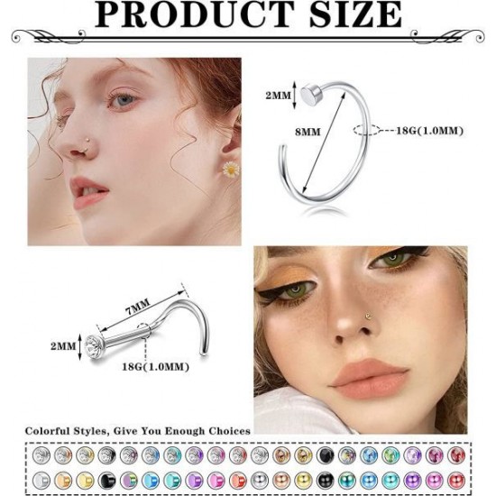 40Pcs Nose Rings Stud Stainless Nose Rings Hoop Screw Shaped Nose Piercing For Women Men 18G 20G